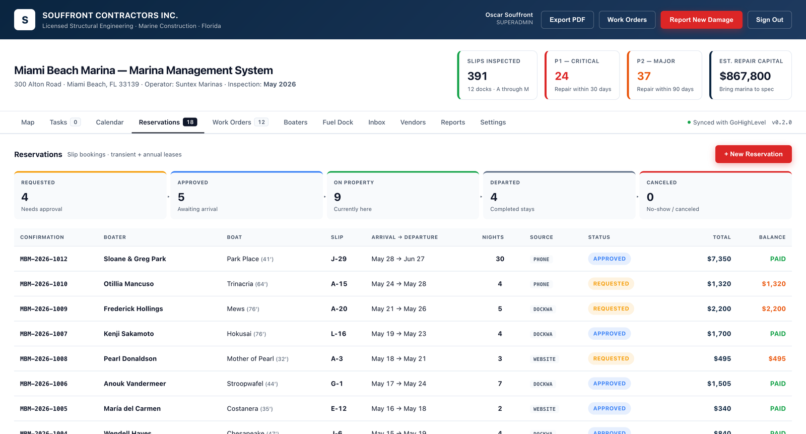 Marina Pro reservations — transient and annual bookings on one calendar